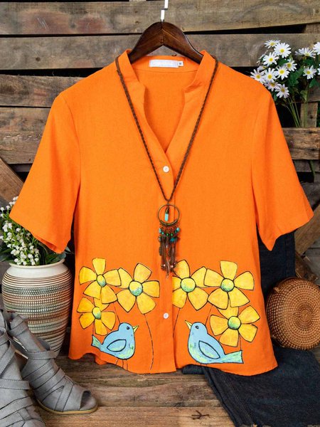 

Yellow Short Sleeve Floral Tops, T-Shirts