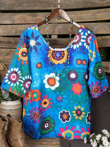 

Blue Casual Floral Cotton-Blend Tops, T-Shirts