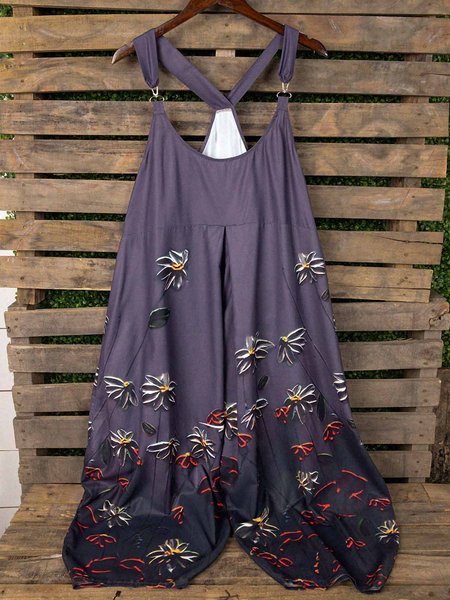 

Plus Size Floral Vintage Sleeveless One-Pieces, Multicolor, Jumpsuits＆Rompers