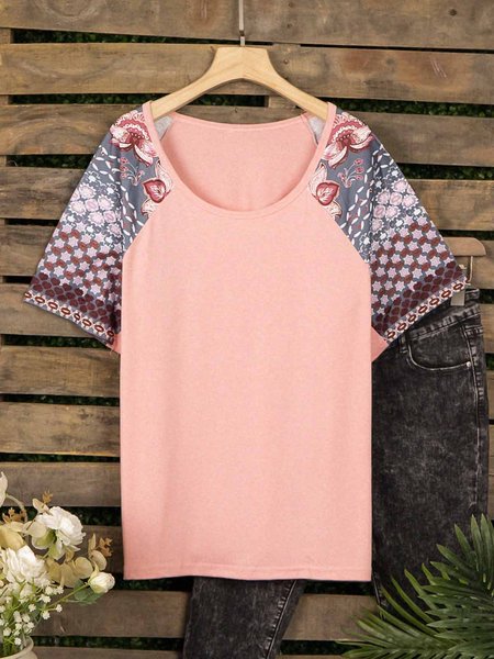 

Paisley Short Sleeve Printed Cotton-blend Crew Neck Vintage Summer Dusty Pink Top, T-Shirts