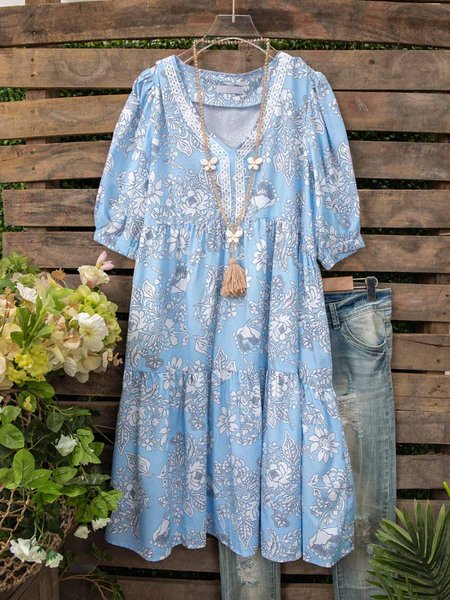 

Boho Cotton-Blend Floral Short Sleeve Shift Weaving Dress, Blue, Floral Dresses