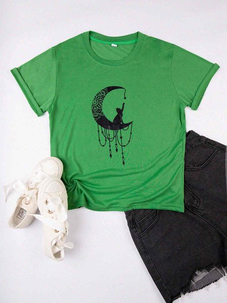 

Vintage Cat Moon Geometric Printed Plus Size Short Sleeve Crew Neck Casual Tops, Green, T-Shirts