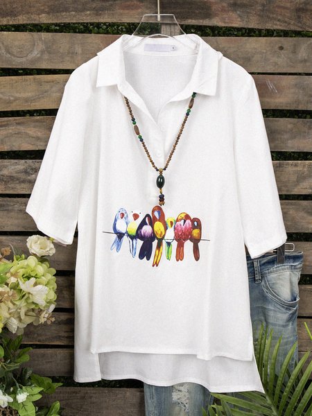 

White Cotton-Blend Casual Bird Tops, Long sleeve tops