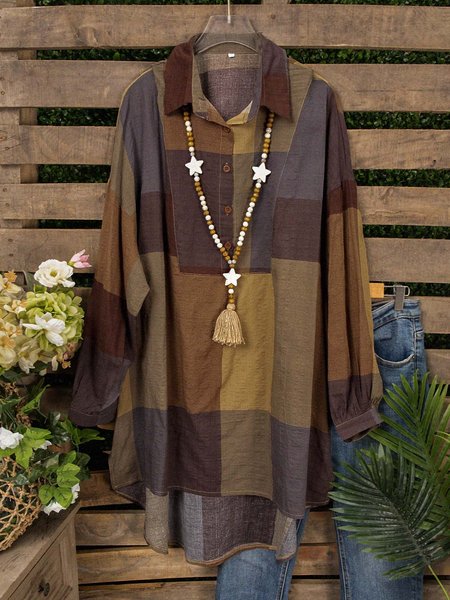 

Camicia Maniche Lunghe a scacchi Casuale Dritto, Caffè, Blouses & Shirts