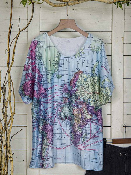 

Map Print V Neck Casual Shift T-Shirts & Tops, Blue, T-Shirts