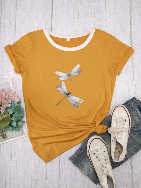 

Dragon-fly Print Short Sleeve Crew Neck Modal T-Shirts, Yellow, T-Shirts