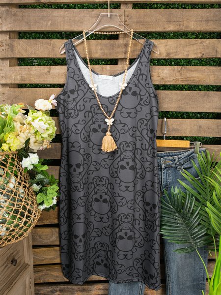 

V Neck Skull Sleeveless Casual Dresses, Gray, Casual Dresses