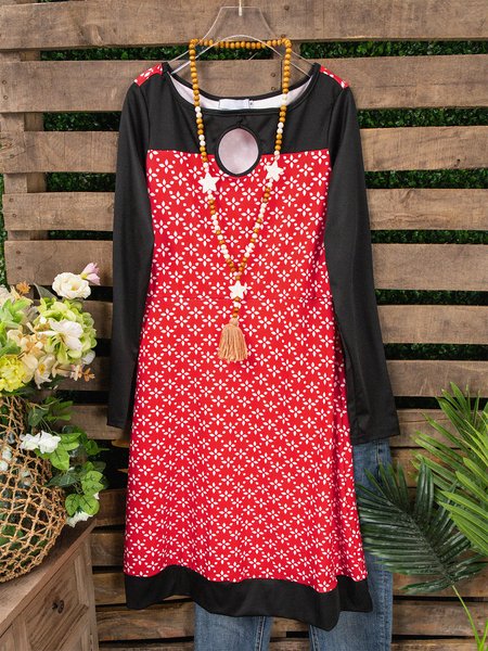 

Abito Stampato Girocollo Maniche Lunghe, Rosso, Midi Dresses