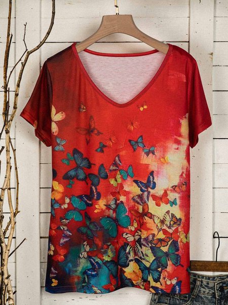 

Farfalla Pittura Stampare T-shirt, Rosso, T-Shirts