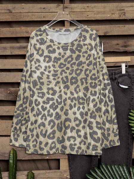 

Leopard Crew Neck Casual Printed Leopard Tops, Long sleeve tops