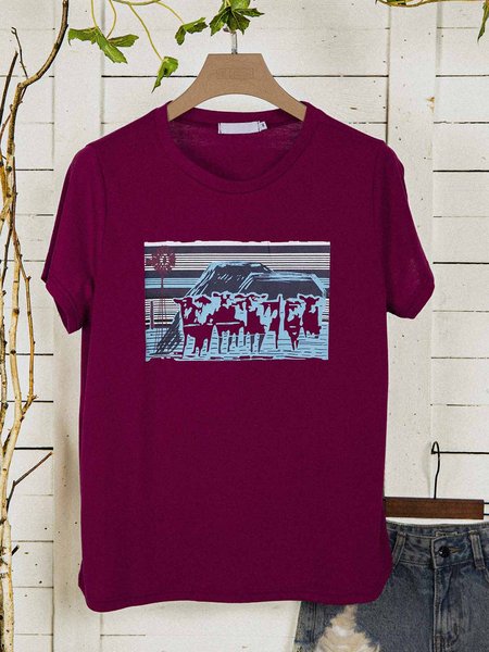 

Casual Cotton-Blend Short Sleeve Printed Tops, Wine red, T-Shirts