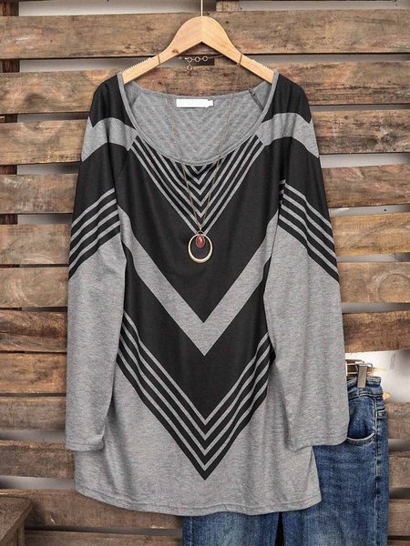 

Printed Cotton-Blend Long Sleeve Stripes Tops, Gray, Long sleeve tops