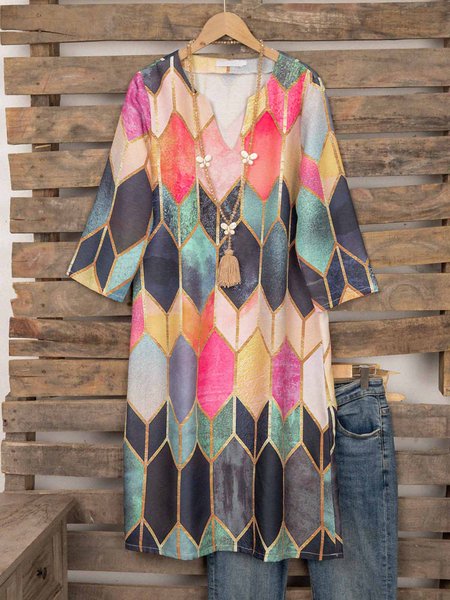 

Shift Holiday Printed 3/4 Sleeve Weaving Dress, Red, Summer Dresses