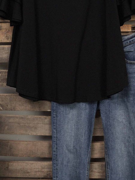 

Crew Neck Cotton-Blend Casual Solid Tops, Black, Long sleeve tops