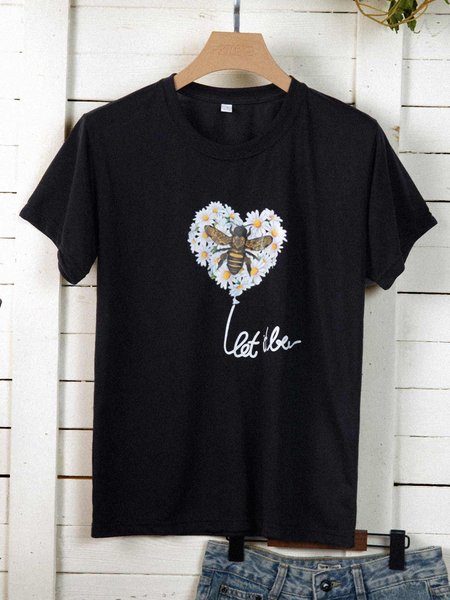 

"Let it bee"Printed Casual Short Sleeve T-Shirts, Black, T-Shirts