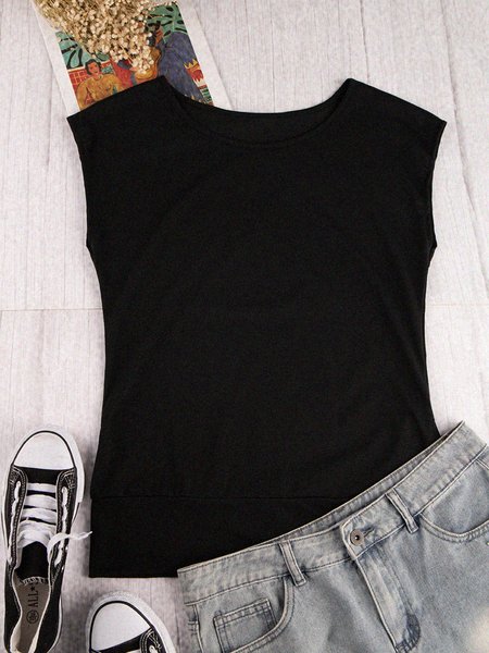 

Vintage Plain Plus Size Short Sleeve Crew Neck Casual Tops, Black, T-Shirts