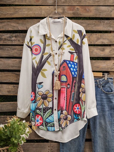 

White Pastoral Leaves Cotton-Blend Blouse, Shirts & Blouses