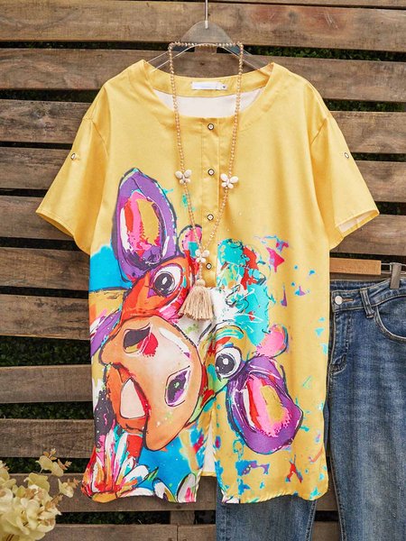 

Yellow Casual Cotton-Blend T-shirt, T-Shirts