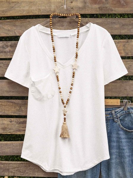 

T-Shirt con Scollo a V di Misto Cotone, Bianco, T-Shirts