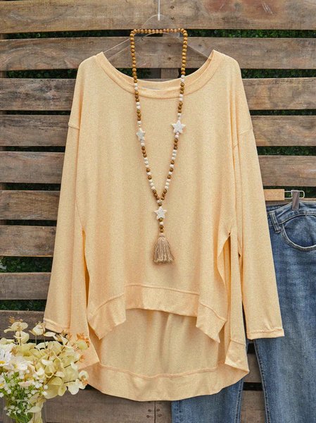 

Casual Round Neck Side Splits Waist Raw Hems T-shirt, As picture, Tops