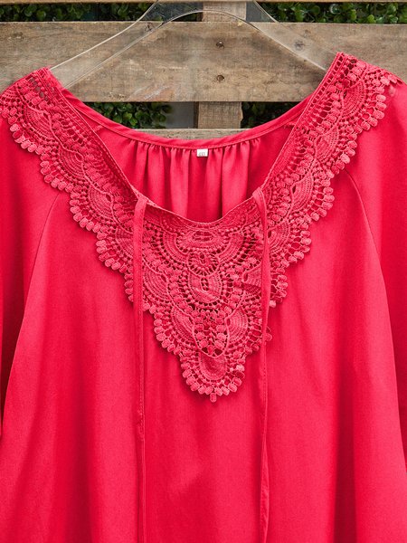 

Plus Size V Neck Short Sleeve Tops, Red, T-Shirts