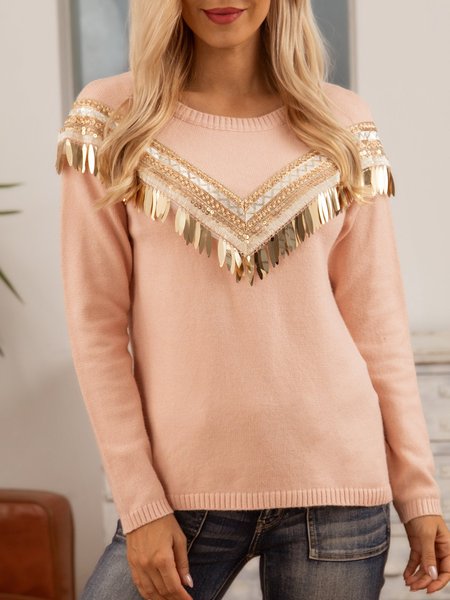 

Crew Neck Casual Long Sleeve Sweater, Khaki, Sweaters