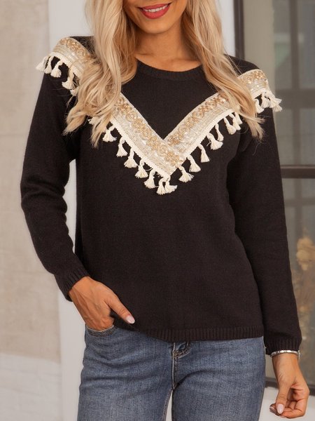 

Black Casual Crew Neck Paneled Cotton-Blend Sweater, Sweaters