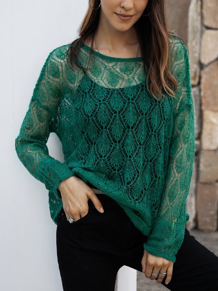 

Green Crew Neck Cotton-Blend Long Sleeve Sweater, Pullovers