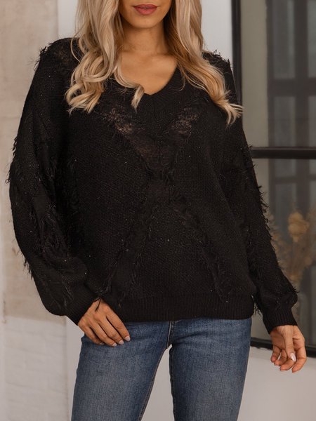 

Black Solid Cotton-Blend Long Sleeve Casual Sweater, Sweaters