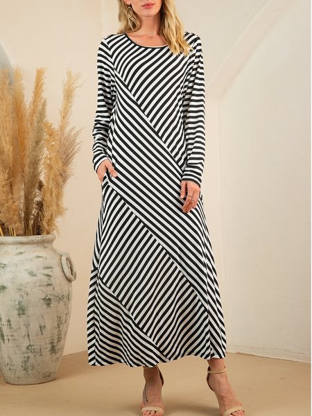 

Black Casual A-Line Crew Neck Long Sleeve Dress, Maxi Dresses