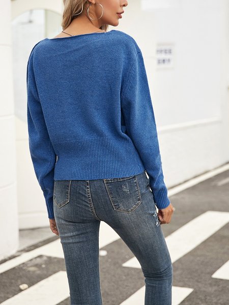 

Blue Paneled V Neck Long Sleeve Sweater, Pullovers