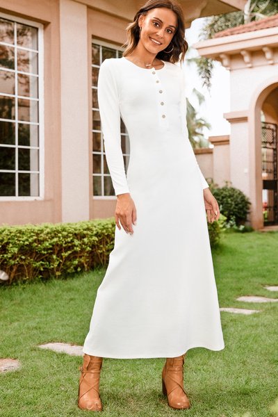 

White Long Sleeve Tc Knitting Dress, Dresses