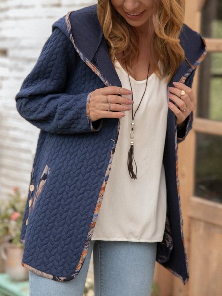 

Dark Blue Long Sleeve Jacquard Hoodie Knit coat, Coats