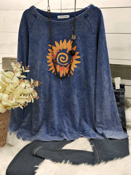 

Vintage Casual Plus Size Floral Printed Shirts Tops, Blue, Sweatshirts & Hoodies