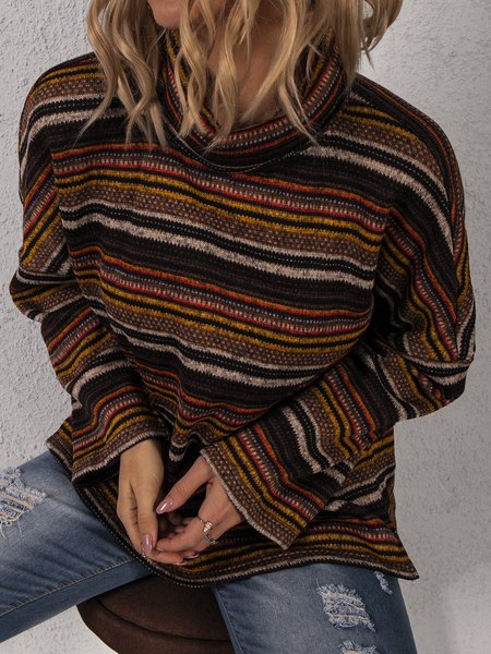 

Turtleneck Long Sleeve Striped Drop-Shoulder Sweater, Print, Sweaters & Cardigans