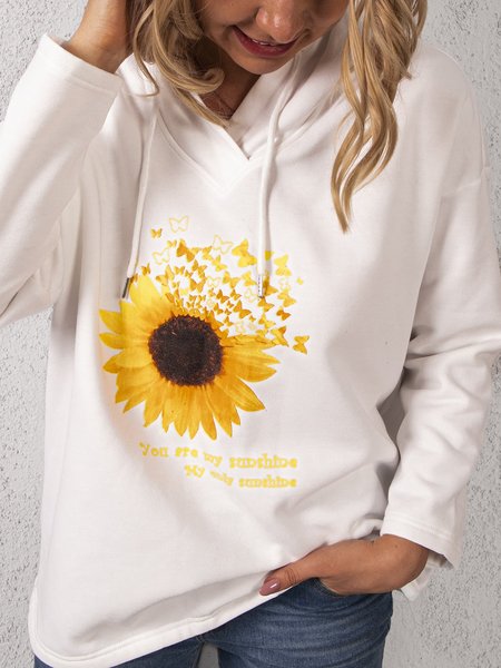 

Floral Hoodie Long Sleeve Sweatshirts, White, Tops