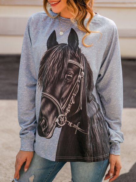 

Gray Long Sleeve Horse Printed T- Shirt, T-Shirts