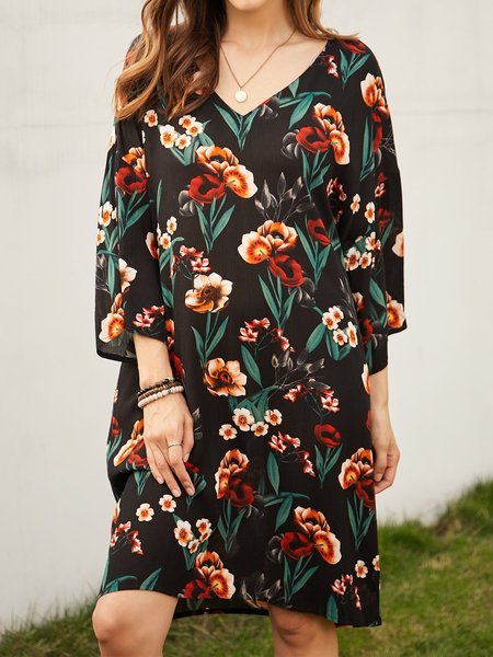 

3/4 Sleeve Paneled V Neck Floral Weaving Dress, Black, Casual Tops