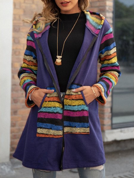 

Hoodie Vintage Long Sleeve Stripes Knit coat, Violet, Coats