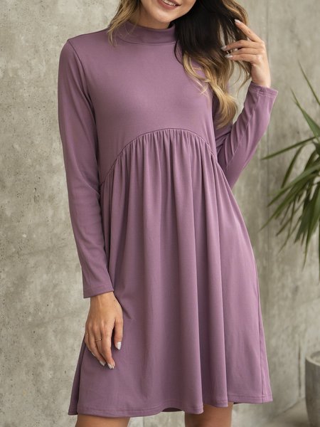 

Purple Crew Neck Long Sleeve Plain Cotton-Blend Dress, Mini Dresses