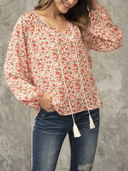

Red Cotton-Blend Floral-Print Long Sleeve Top, Tops