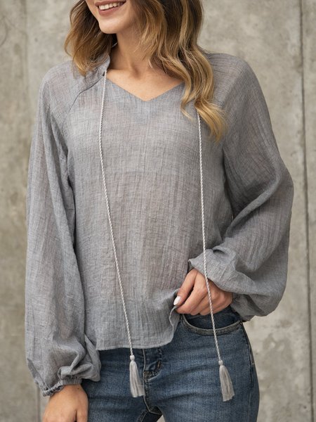 

Gray V Neck Solid Long Sleeve Top, Blouses and Shirts