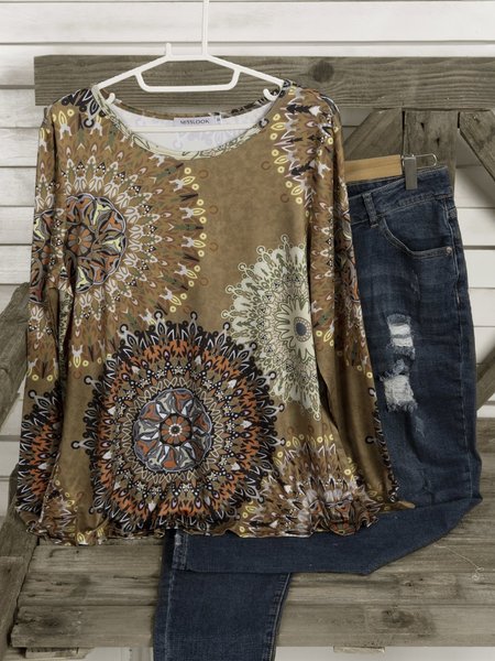 

Casual Long Sleeve Round Neck Plus Size Printed Tops, Khaki, Tops