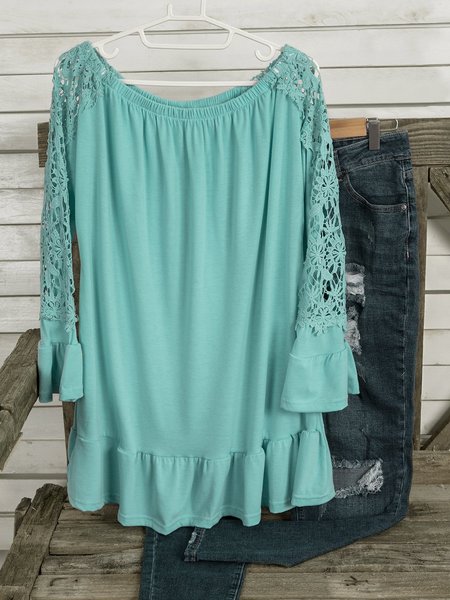 

Casual Long Sleeve Round Neck Plus Size Tops, Blue, Tops