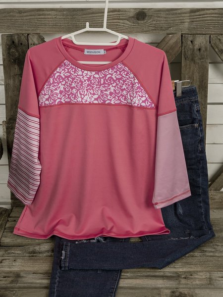 

Plus Size Casual Cotton-Blend 3/4 Sleeve Shirts & Tops, Pink, Tops
