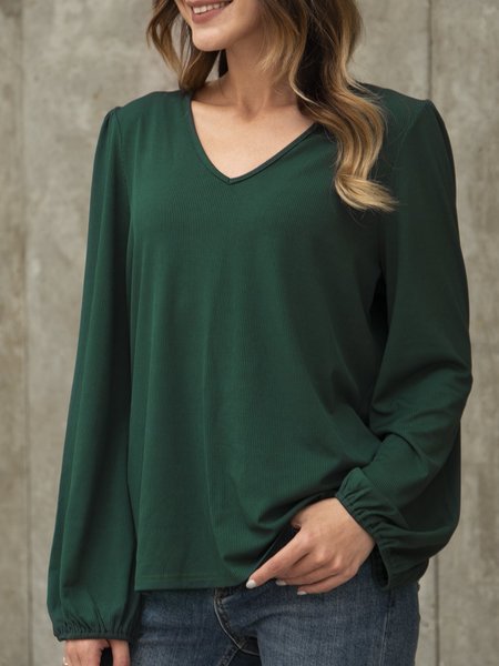 

Green Long Sleeve Casual Cotton-Blend Paneled Top, Blouses and Shirts