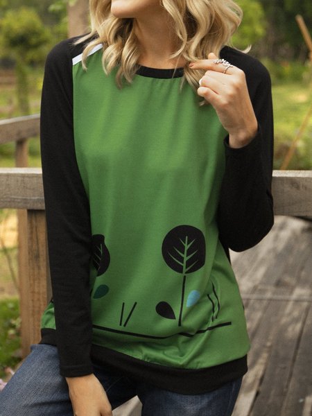 

Green Floral-Print Crew Neck Long Sleeve Floral Shirts & Tops, Tops