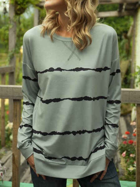 

Round Neck Printed Casual Cotton-Blend T-shirt, Green, Long sleeve tops