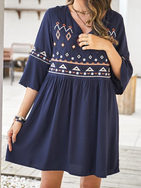 

Half Sleeve Cotton-Blend V Neck Dresses, Blue, Mini Dresses