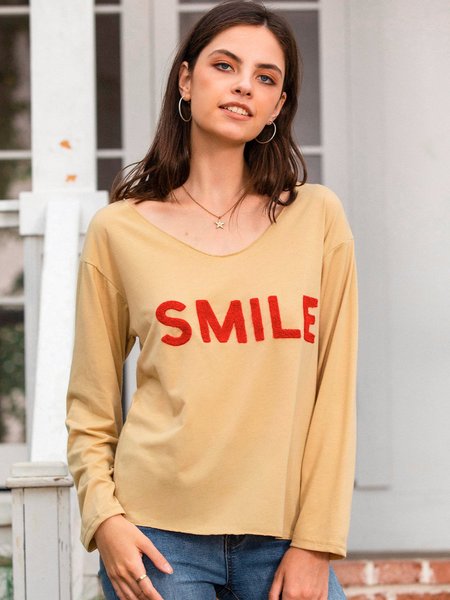 

V Neck Casual Long Sleeve Tops, Khaki, Tops